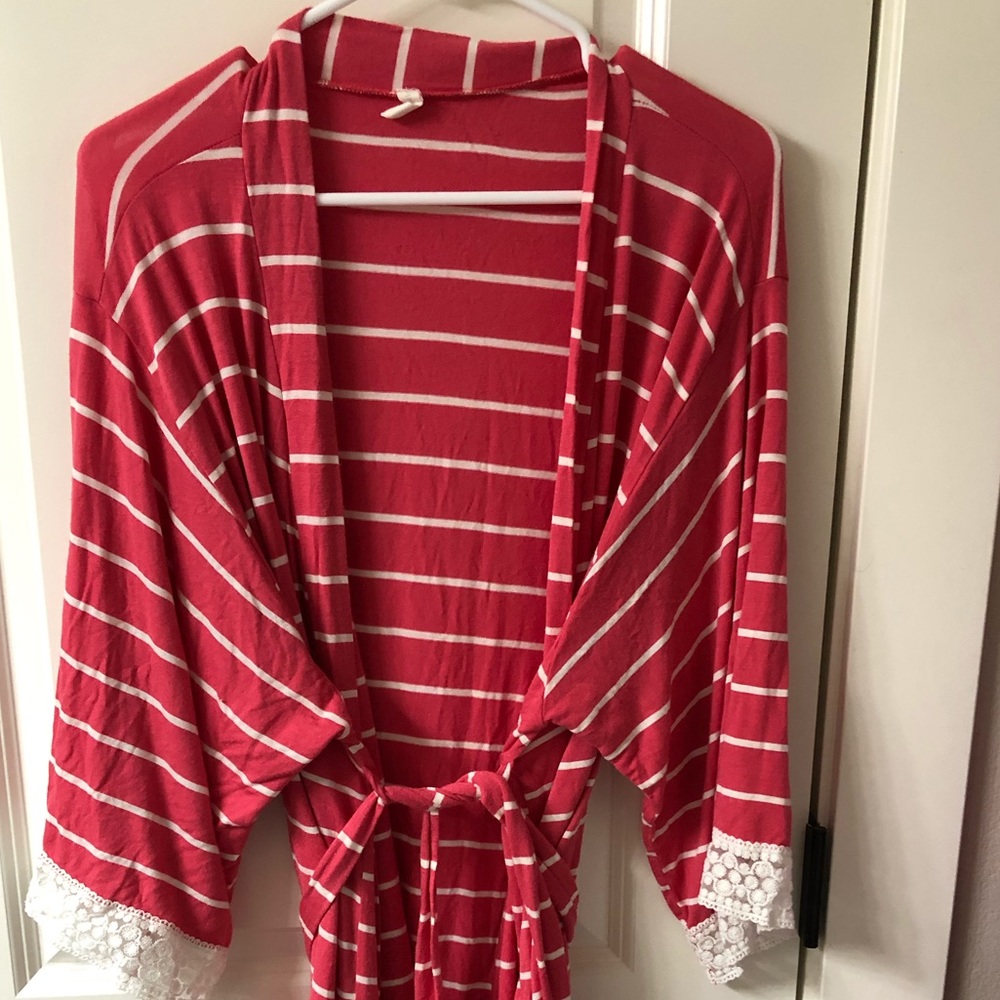 Striped Lace Trim Delivery/Nursing Maternity Robe